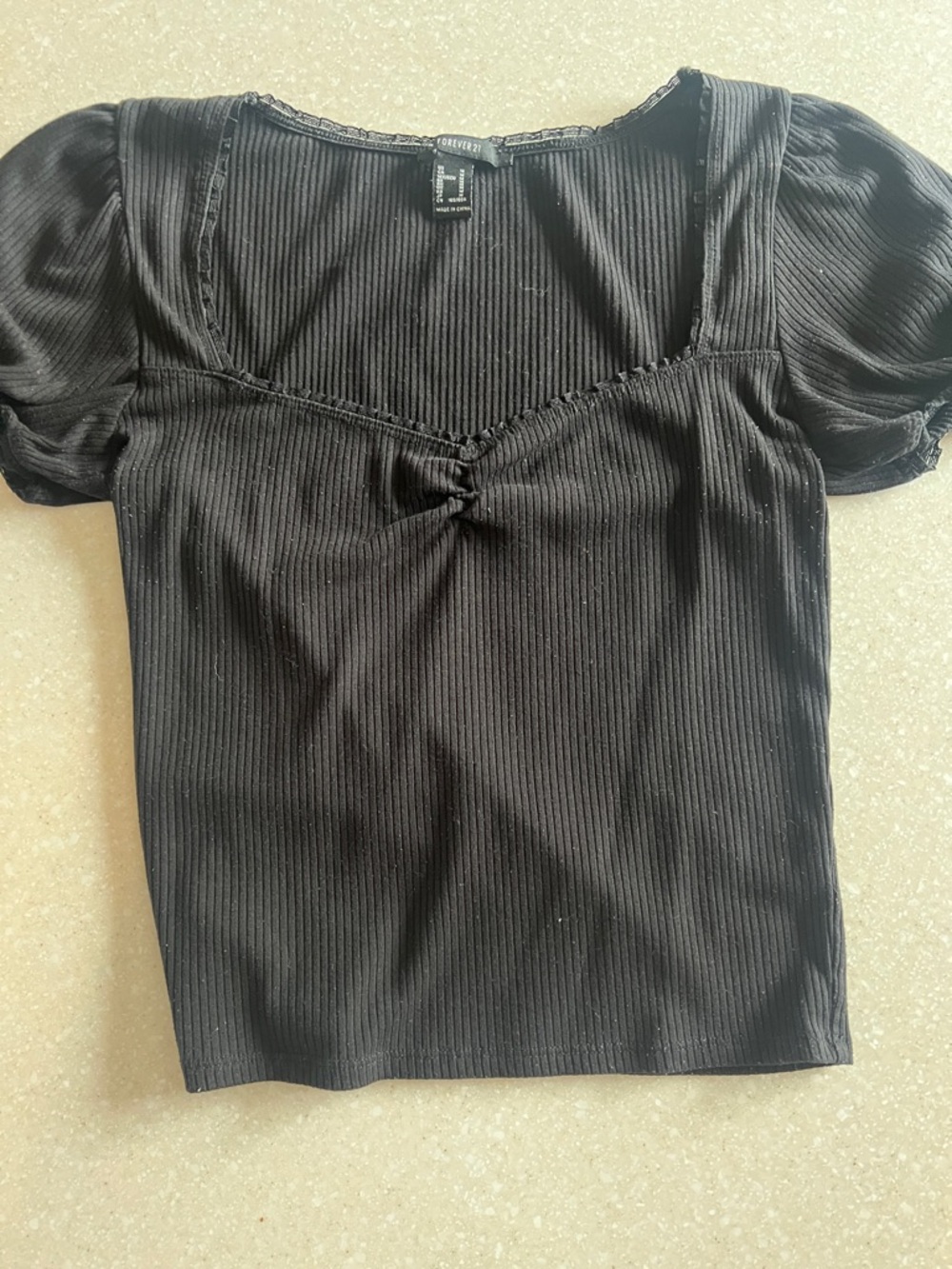 Forever 21 Black Ribbed Square-Neck Puff Sleeve Crop Top